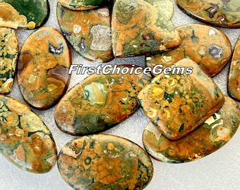 May include: A collection of polished green, brown, and orange jasper cabochons with a variety of patterns and shapes. The cabochons are oval and square shaped. The cabochons are arranged in a random pattern on a white surface.