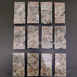 May include: Twelve rectangular pieces of polished granite, each with a unique pattern of gray, black, and pink flecks. The granite pieces are arranged in three rows of four, with the text "FirstChoiceGems" printed in the center of the image.