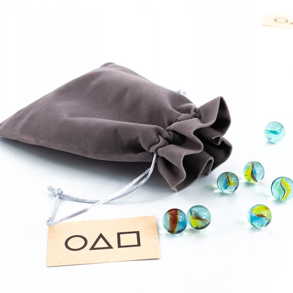 SQUID GAME - MARBLES - Game Set - 10x Marble Ball Glass Balls + Velvet Grey Drawstring Bag Sack - Guseul - tv series