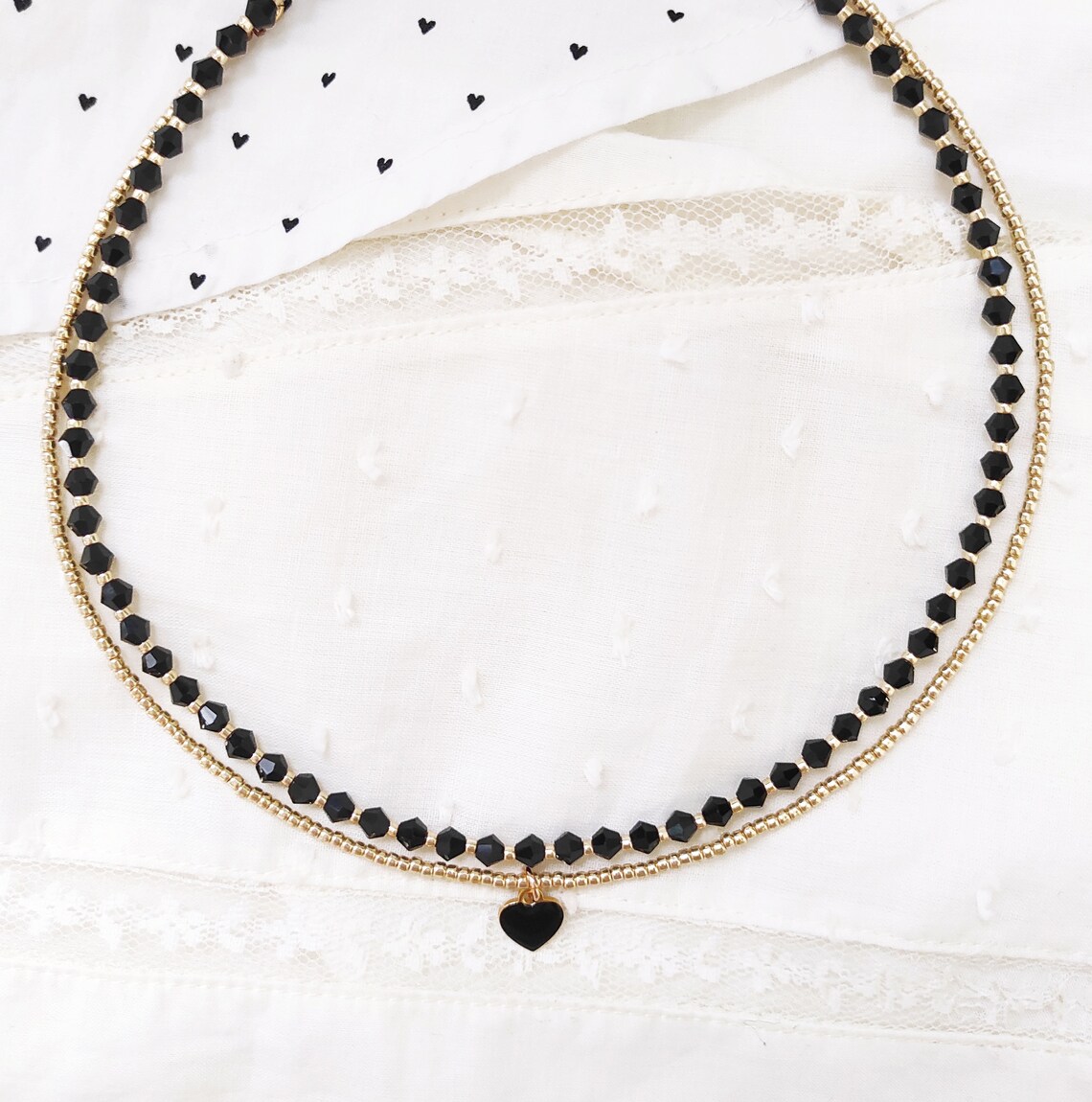 MultiStrand Black Heart choker Necklace Dainty Enamel Red Etsy