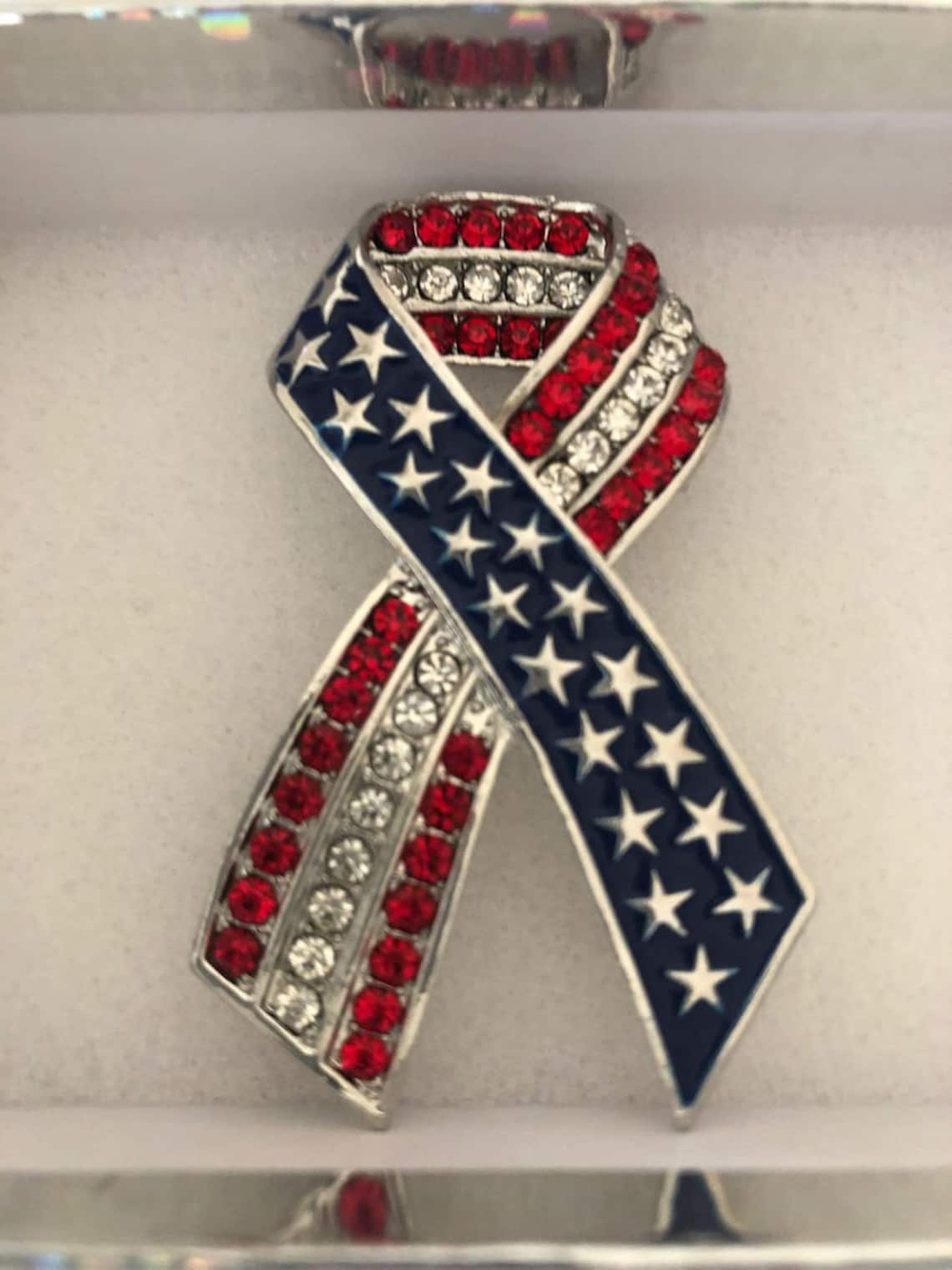 American Flag Ribbon Rhinestone Brooch - Etsy