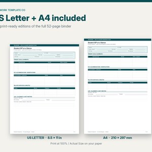 May include: A 52-page binder template featuring a Student IEP at a Glance form. The document includes sections for primary goals, accommodations, related services, and LRE placement. Available in US Letter 8.5 x 11 in and A4 210 x 297 mm sizes.