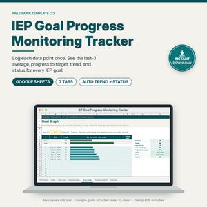 Può includere: Un modello digitale per il monitoraggio dei progressi degli obiettivi IEP per Google Sheets ed Excel. L'interfaccia mostra un grafico degli obiettivi con punti dati, grafici a barre e metriche. Il testo include Fieldwork Template Co, 7 Tabs, Auto Trend + Status.