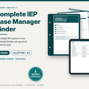 May include: A digital product display for a Complete IEP Case Manager Binder featuring 52 pages in US Letter and A4 sizes. The design includes dark teal text on a light background, a binder mockup, a tablet showing contents, and Canva links.