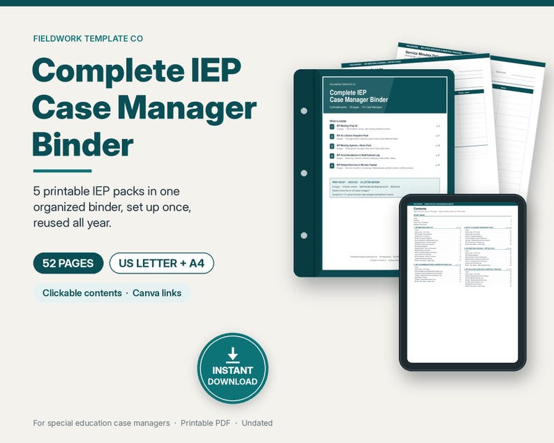 May include: A digital product display for a Complete IEP Case Manager Binder featuring 52 pages in US Letter and A4 sizes. The design includes dark teal text on a light background, a binder mockup, a tablet showing contents, and Canva links.