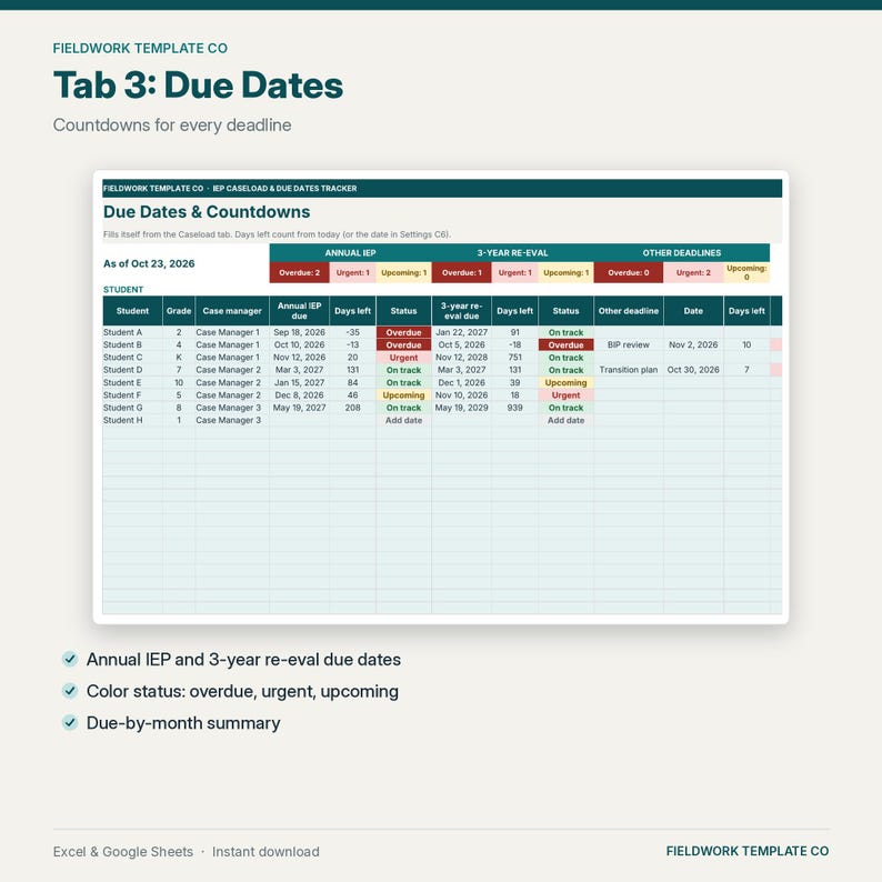 IEP Caseload Tracker Google Sheets, IEP Due Dates & Re-Evaluation Countdown, Service Minutes, Accommodations, Special Education Case Manager image 6