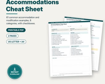 May include: A printable PDF Accommodations Cheat Sheet by Fieldwork Template Co. The two-page document features 61 common accommodation and modification examples organized into 8 categories with checkboxes, available in US Letter and A4 sizes.