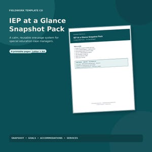May include: A digital product titled IEP at a Glance Snapshot Pack by Fieldwork Template Co. The dark teal graphic displays a white document page featuring a list of special education forms, including student IEP, goals, and accommodations.
