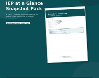 Paquete de resumen del IEP para administradores de casos, resumen del estudiante, folleto de objetivos, adaptaciones, servicios, registro de enmiendas, PDF de 8 páginas y Canva