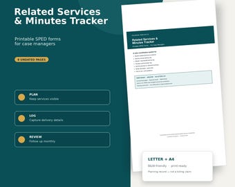 Rastreador de servicios relacionados con el IEP imprimible, registro de minutos de servicio, minutos planificados vs. minutos entregados, sesiones perdidas, registro del proveedor, PDF y Canva