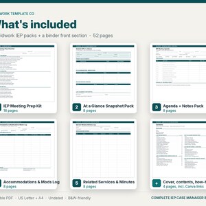 May include: A digital template set titled Fieldwork Template Co What's included, featuring 52 pages across 5 IEP packs and a binder section. Includes IEP Meeting Prep Kit, At a Glance Snapshot Pack, Agenda + Notes Pack, Accommodations & Mods Log, and Related Services & Minutes.