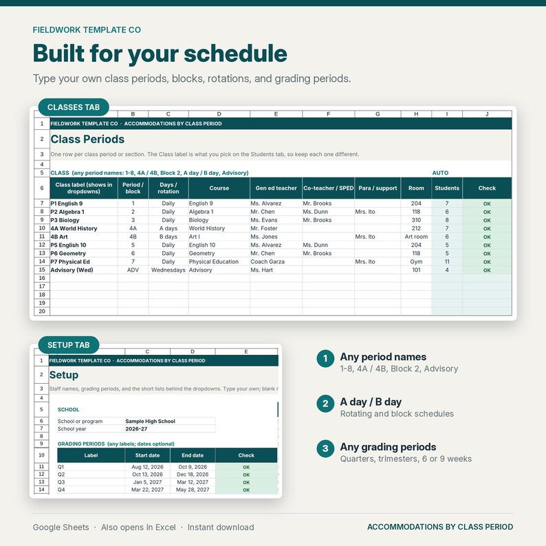 May include: A digital spreadsheet template titled Built for your schedule by Fieldwork Template Co. It features a Classes tab with columns for class periods, courses, teachers, and students, plus a Setup tab for school and grading period details.