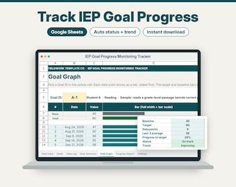 May include: A digital IEP Goal Progress Monitoring Tracker displayed on a laptop screen. The spreadsheet features a Goal Graph with columns for dates, values, and bar charts. A summary box shows baseline, target, and status metrics.