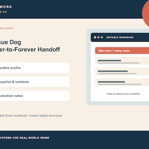 Puede incluir: Una plantilla digital de kit de transferencia Rescue Dog Foster-to-Forever que incluye una lista de elementos: Routine profile, Supplies & contacts y Transition notes. El gráfico muestra una interfaz de libro de trabajo editable con texto.