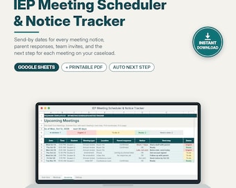 Hoja de cálculo de Google para programar reuniones del IEP, seguimiento de avisos de reuniones del IEP, respuestas de los padres e invitaciones al equipo, gestor de casos de educación especial.