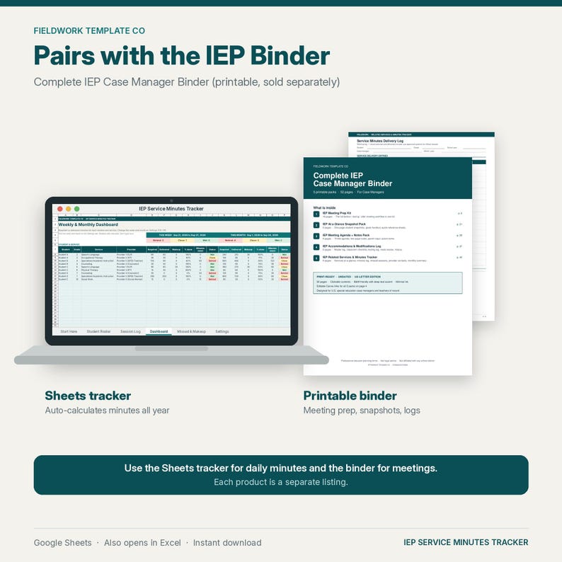 May include: A digital IEP Service Minutes Tracker displayed on a laptop screen alongside a printable Complete IEP Case Manager Binder document. The layout includes text headers, a spreadsheet interface, and a list of included binder components.