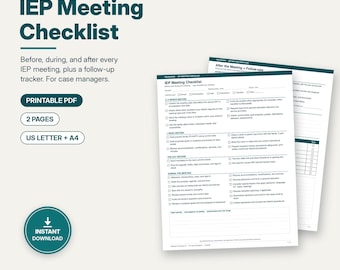 Lista de verificación para reuniones del IEP para coordinadores de casos, preparación, durante y seguimiento de reuniones de educación especial, carta imprimible y PDF tamaño A4.