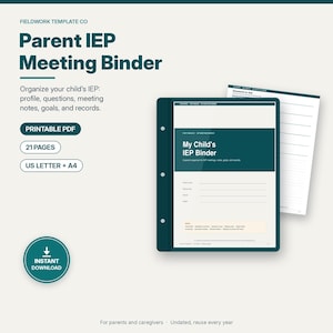 Peut inclure: Un classeur de réunion IEP pour parents, PDF imprimable de 21 pages aux formats US Letter et A4. Le document présente une mise en page blanc et bleu sarcelle foncé avec des sections pour le profil, les questions, les notes et les objectifs.