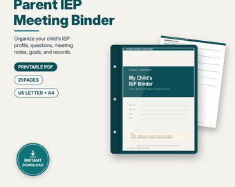 Carpeta para reuniones del IEP para padres, organizador para padres de educación especial, notas del IEP, preguntas para hacer, registro de objetivos, glosario, PDF imprimible