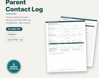 Registro de contacto con los padres para maestros de educación especial, registro de comunicación con los padres rellenable, imprimible para el administrador de casos del IEP, tamaño carta y A4.