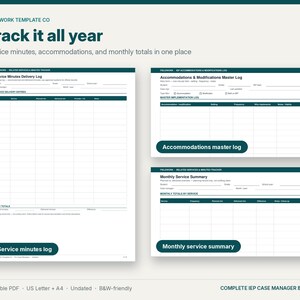 May include: A printable IEP case manager binder set featuring a Service Minutes Delivery Log, an Accommodations & Modifications Master Log, and a Monthly Service Summary. The documents are white with dark teal headers and grid lines for tracking.