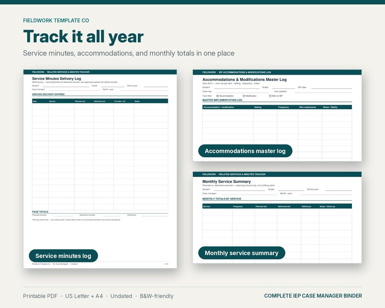 May include: A printable IEP case manager binder set featuring a Service Minutes Delivery Log, an Accommodations & Modifications Master Log, and a Monthly Service Summary. The documents are white with dark teal headers and grid lines for tracking.