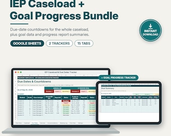 Paquete de hojas de cálculo de Google para el seguimiento del IEP, fechas límite para la carga de casos del IEP y seguimiento del progreso de los objetivos, hojas de cálculo para el administrador de casos de educación especial.