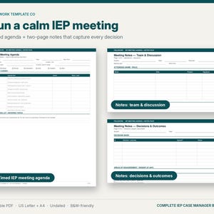 May include: A printable IEP meeting agenda and notes pack featuring a timed agenda page, a team and discussion notes page, and a decisions and outcomes notes page. The documents include headers like Run a calm IEP meeting and Fieldwork Template Co.