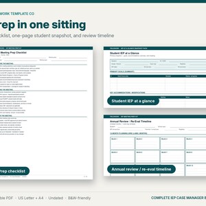 May include: A digital template set for IEP meeting preparation, including an IEP Meeting Prep Checklist, a Student IEP at a Glance snapshot, and an Annual Review or Re-Eval Timeline. The documents feature dark teal headers and white backgrounds.