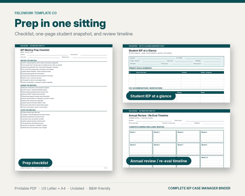 May include: A digital template set for IEP meeting preparation, including an IEP Meeting Prep Checklist, a Student IEP at a Glance snapshot, and an Annual Review or Re-Eval Timeline. The documents feature dark teal headers and white backgrounds.