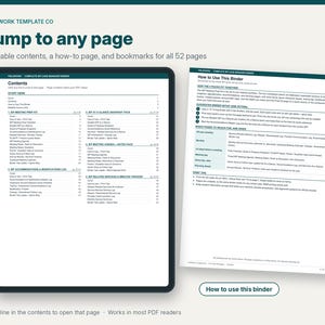 May include: A digital planner template titled Fieldwork Template Co Jump to any page with 52 pages. The display shows a contents page with sections for IEP meeting prep, snapshots, agendas, and logs, alongside a How to Use This Binder page.