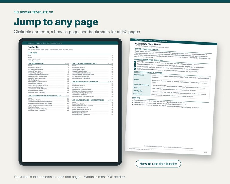 May include: A digital planner template titled Fieldwork Template Co Jump to any page with 52 pages. The display shows a contents page with sections for IEP meeting prep, snapshots, agendas, and logs, alongside a How to Use This Binder page.