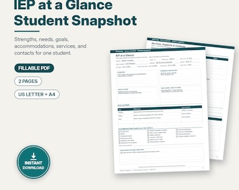 IEP de un vistazo (PDF rellenable), Perfil del estudiante para profesores y suplentes, Objetivos del IEP, Adaptaciones, Servicios y Contactos, Formato Carta y A4