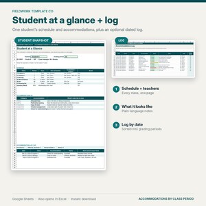 May include: A digital spreadsheet template titled Student at a glance + log, featuring a student snapshot with class schedules, teacher names, and accommodation details, alongside a separate dated accommodations log table.