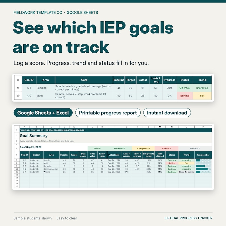 Hoja de cálculo de Google para el seguimiento de objetivos del IEP, hoja de cálculo para el seguimiento del progreso del IEP, hojas de datos y seguimiento de objetivos del IEP, educación especial imagen 1