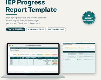 Plantilla de informe de progreso del IEP en Google Sheets y PDF imprimible, códigos de progreso y comentarios trimestrales de los objetivos del IEP, para profesores de educación especial.