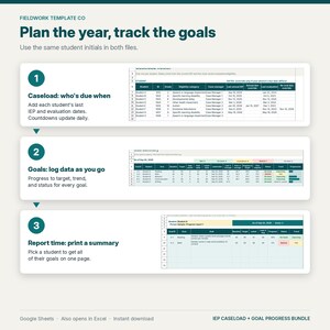 May include: A digital template titled Plan the year, track the goals by Fieldwork Template Co. It features three numbered steps for tracking student caseloads, goals, and reports, each accompanied by a spreadsheet preview for IEP management.