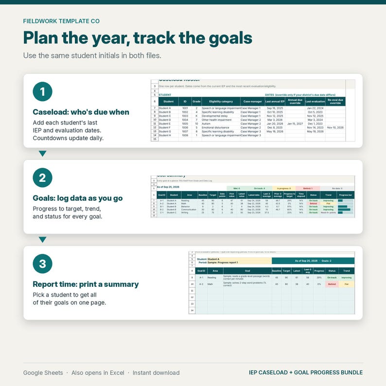 May include: A digital template titled Plan the year, track the goals by Fieldwork Template Co. It features three numbered steps for tracking student caseloads, goals, and reports, each accompanied by a spreadsheet preview for IEP management.