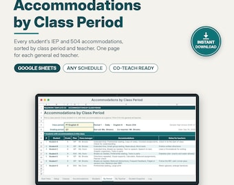 IEP Accommodations Tracker Google Sheets, Accommodations by Class Period, 504 Plan, Co-Teaching Caseload, General Ed Teacher Sheet