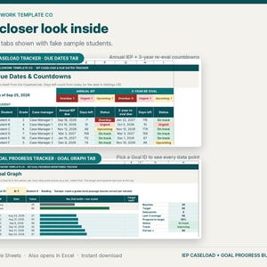 May include: A digital spreadsheet template for educators featuring a Caseload Tracker with due dates and countdowns, and a Goal Progress Tracker with a Goal Graph. The interface displays student data, status indicators, and progress bars.