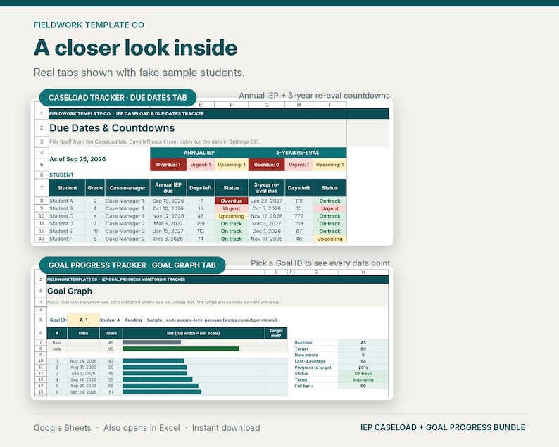 May include: A digital spreadsheet template for educators featuring a Caseload Tracker with due dates and countdowns, and a Goal Progress Tracker with a Goal Graph. The interface displays student data, status indicators, and progress bars.