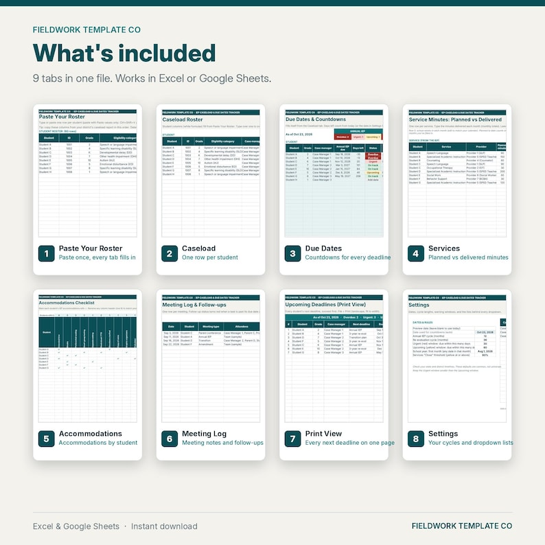 IEP Caseload Tracker Google Sheets, IEP Due Dates & Re-Evaluation Countdown, Service Minutes, Accommodations, Special Education Case Manager image 2