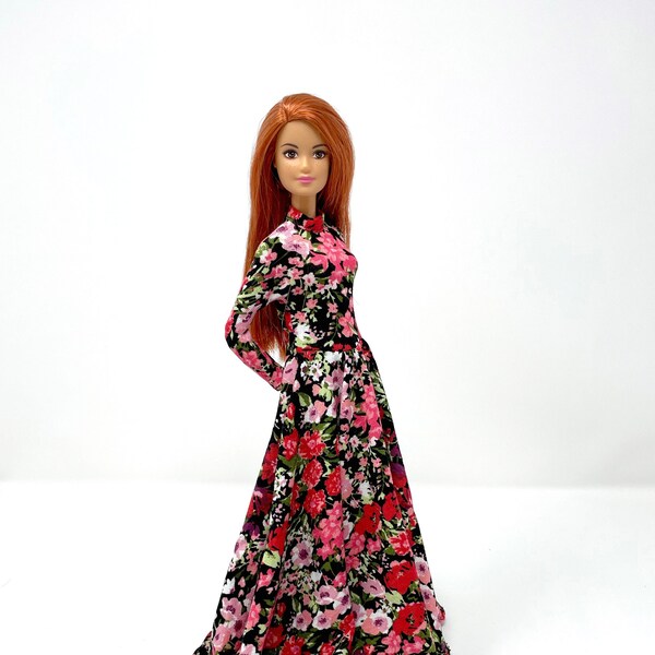 Black with red and pink floral print in jersey maxi full length dress for Barbie doll clothes made to move doll fashion