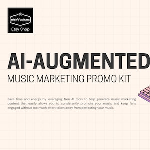 May include: Promotional graphic for AI-Augmented Music Marketing. The image features a computer monitor, keyboard, and tower in a purple and pink isometric design. Text includes the Etsy shop logo, the title, and a description of the kit.