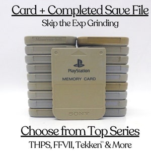 May include: A stack of beige PlayStation memory cards with the text "PlayStation Memory Card" and "Sony" printed on the front. The text "Choose from Top Series THPS, FFVII, Tekken & More" is printed below the stack of memory cards.