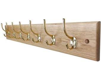 Solid Oak Coat Rack | Polished Double Brass Hooks | Handmade