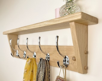 Solid Oak Coat Rack With Shelf - Polished Chrome Hooks - Handmade