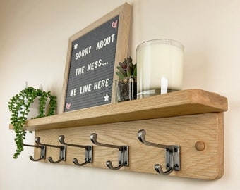 Solid Oak Coat Rack With Shelf | Polished Cast Iron Hooks | Handmade