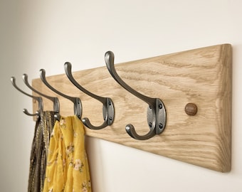 Solid Oak Coat Rack - Traditional Polished Cast Iron Hooks - Handmade