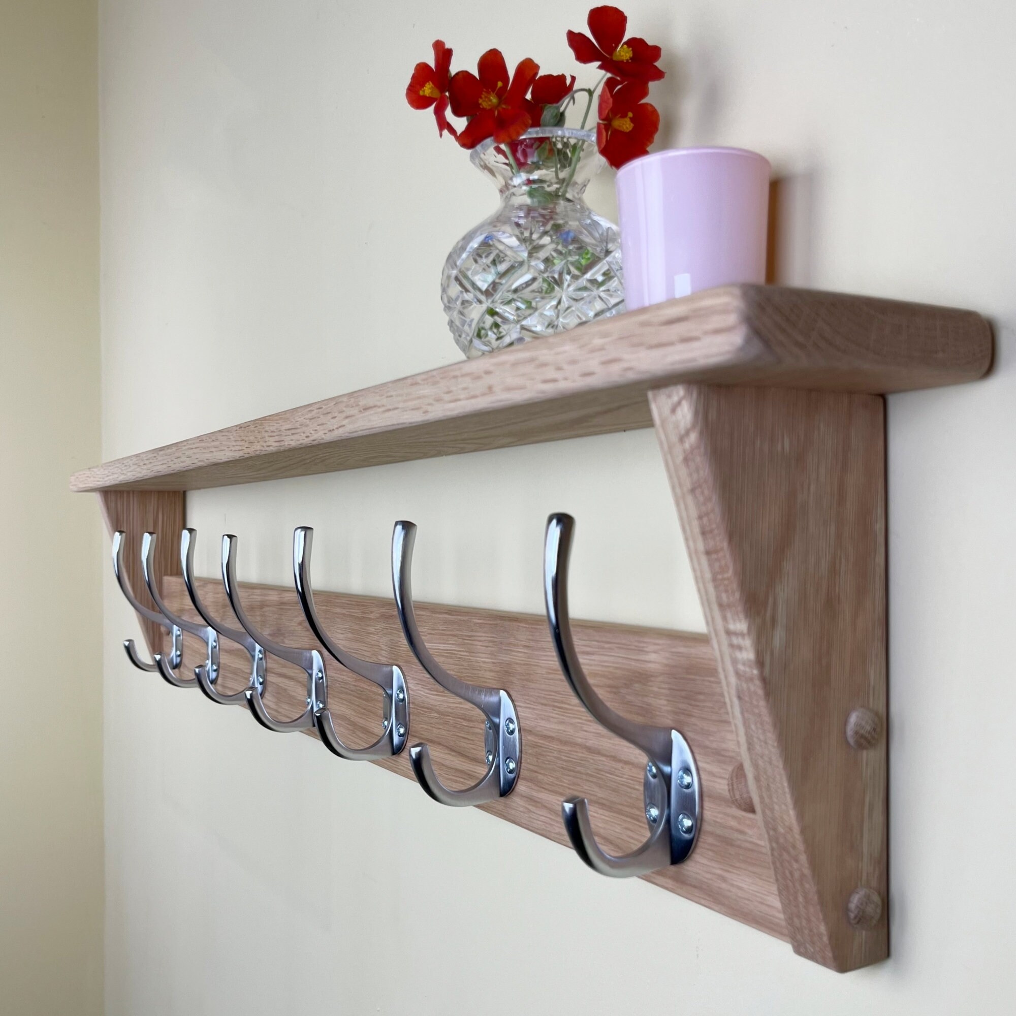 Solid Oak Coat Rack With Shelf Satin Chrome Brushed Steel Etsy